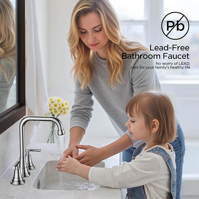 FORIOUS Widespread Bathroom Faucets Polished Chrome, 3 Hole Faucet for Bathroom Sink with Pop Up Drain for 8 Inch Vanity RV Camper Lavatory Sink