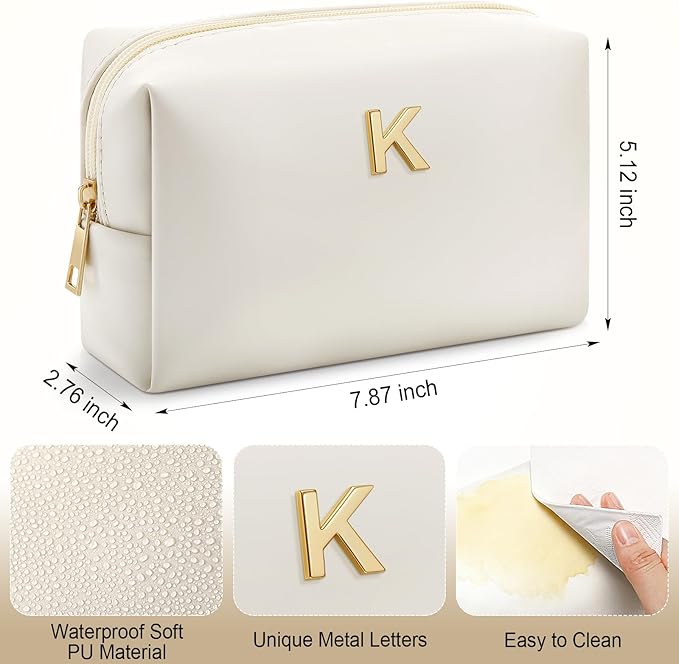 Kigeli Initial Makeup Bag for Women Beige Leather Easter Basket Gifts Monogram Cosmetic Bag Small Travel Toiletry Pouch Wedding Birthday Graduation Bridesmaid Gifts for Teen Girls Women Teachers(K)