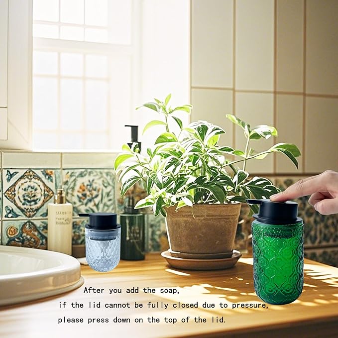 Foaming Hand Soap Dispenser,Vintage Glass Soap and Lotion Dispenser for Bathroom,Kitchen Dish Soap Dispenser with Black Foam Pump (Pink Begonia flowerr+Black Lid)