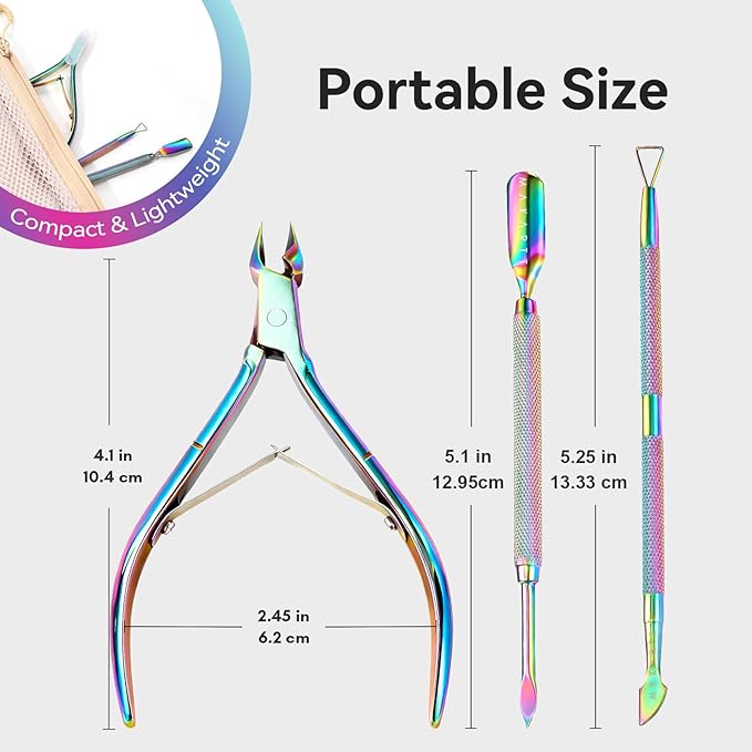 Makartt Cuticle Trimmer with Cuticle Pushers: Cuticle Nipper Professional Manicure Pedicure Set, Stainless Steel Cuticle Remover Kit with Dual End Nail Pusher & Scraper (Rainbow Titanium, 3 PCS)
