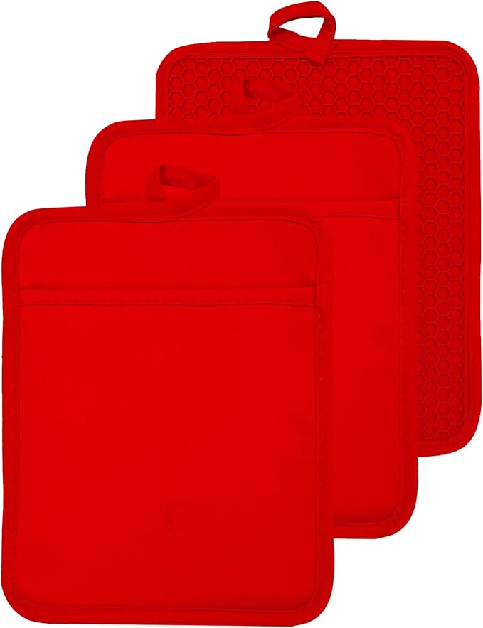 Oven Pot Holder with Pocket Cotton Heat Resistant Coaster Potholder Kitchen Hot Pad Oven Mitts for Cooking and Baking Square 7"x9" (Red, Silicone)