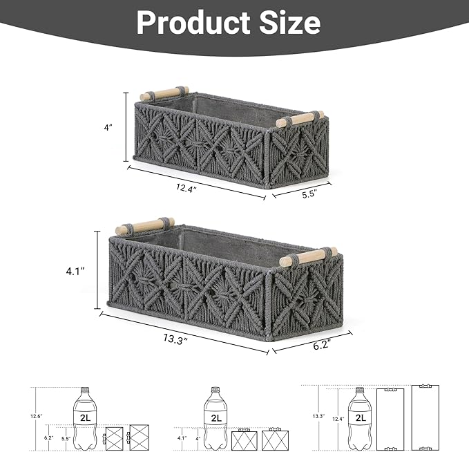Nonam Macrame Storage Baskets, Boho Decor Style Woven Storage Boxes for Home Organization, Toilet Tank Shelf Cabinet Organizer Baskets,Set of 2,Grey