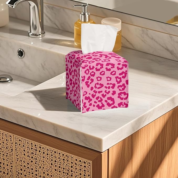 Leopard Print Tissue Box Cover Cute Animal Pink Square PU Leather Waterproof Tissue Box Holder for Car Bathroom Bedroom Office Tabletop Decor