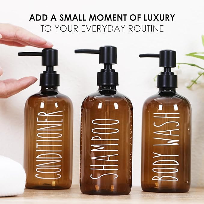 HOMCDALY Shampoo and Conditioner Dispenser Set of 3, 21oz Shower Soap Bottles with Pump, Refillable Shampoo Conditioner Body Wash Dispenser, Empty Bathroom Shower Shampoo Bottles(P-Brown)
