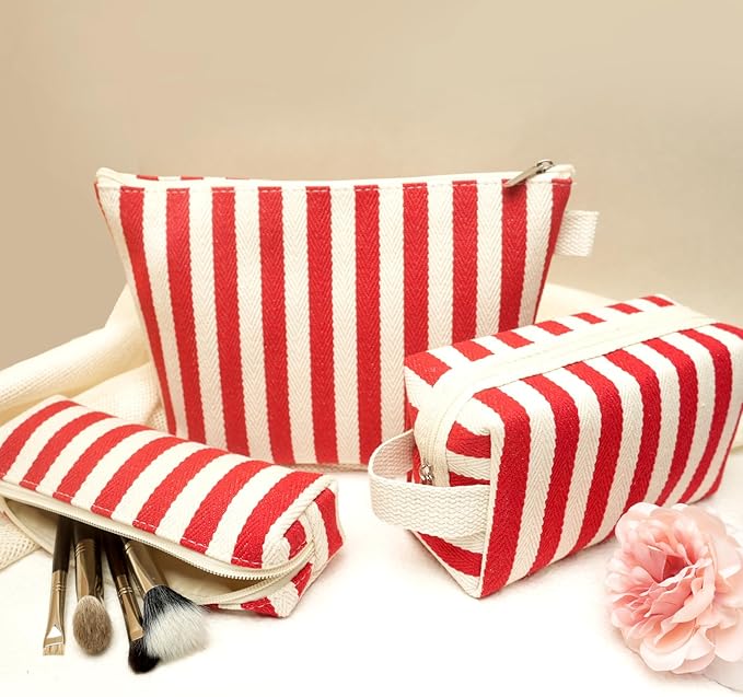 3 Pcs Makeup Bag Set Striped Canvas Purse Cosmetic Bag For Women Travel Toiletry Pouch Organizer pencil case (Red-White)