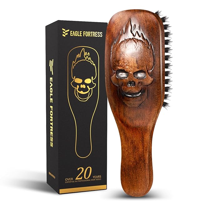 Eagle Fortress Boar Bristle Hair Brush for Men Hair Care - Beard Brush, Mustache Brush with Skull on Wooden Handle, Grooming & Styling Tool for Men, Standard Size