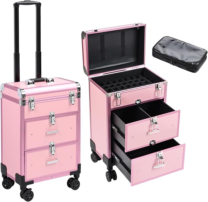 3 in 1 Rolling Makeup Case, Professional Cosmetology Case on Wheels, Detachable Clear Makeup Bag & Nail Polish Organizer, Portable Makeup Trolley with Drawers for Makeup Artists & Nail Technicians