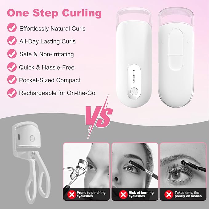Transparent Heated Eyelash Curler, Electric Eye Lash Curler 10S Fast Heat 24Hrs Long Lasting, Portable Travel Natural C Curl Lashes Type-C Rechargeable Eyelash Curlers (White)