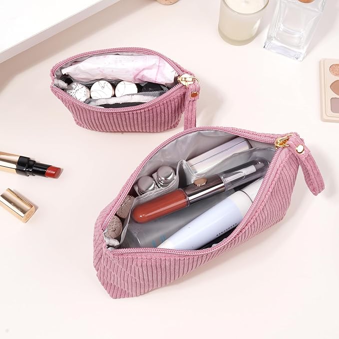 MAGEFY 2Pcs Makeup Bag Set, Cute Makeup Pouch for Purse Corduroy Travel Cosmetic Pouch for Women with Slip-in Pockets for Purse Essentials Accessories(Pink,Mini+Small)