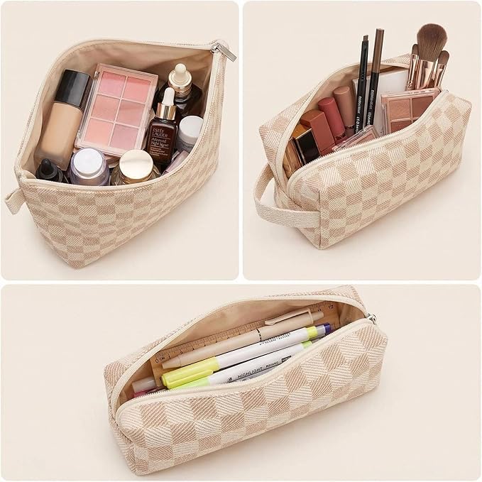 3 Pcs Canvas Makeup Bag Set Checkered Cosmetic Pouch for Women Travel Toiletry Bag Cute Makeup Organizer Purse Pouch Preppy Pencil Case with Zipper (Checkered Blue)