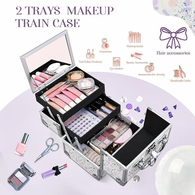 Joligrace Makeup Case for Girls Cosmetic Train Case Makeup Storage Box Jewelry Organizer Hair Accessories Lockable with Trays & Mirror Purple