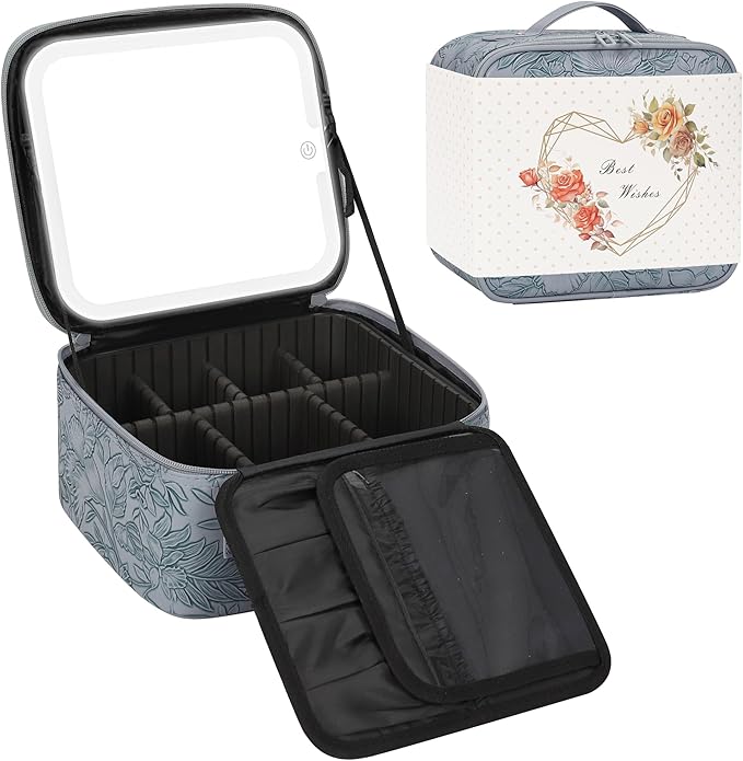 Relavel Travel Makeup Bag With LED Mirror for Women, Cosmetic Organizer Bag with Adjustable Brightness in 3 Color Scenarios, Detachable Dividers, Waterproof Train Case for Daily - Dark Blue FLowers