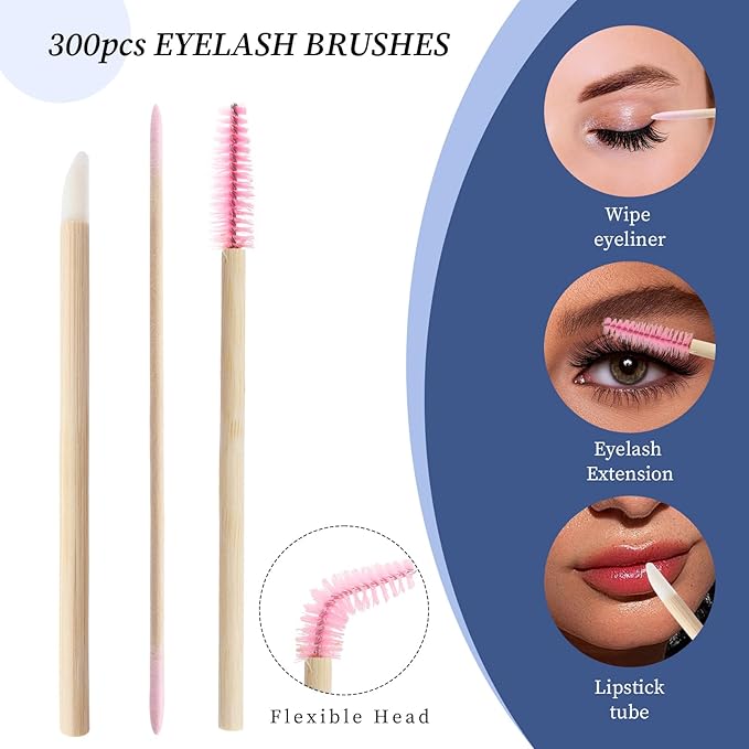 300 pcs Eyelash Extension Supply Kits 200pcs Disposable Double pointed head Wooden Micro Swab Brush 50pcs Eyebrow Spoolie 50pcs Lip Brush Mascara Wand Applicator Eyelashes Tool (Bamboo pink kits)