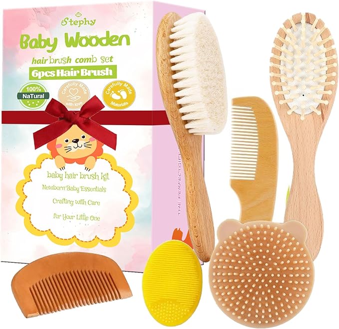 6 Piece Baby Hair Brush & Comb Set, Natural Bamboo & Goat Bristle for Cradle Cap Care, Newborn to Toddler Grooming Kit with Silicone Scrubbers for Scalp Massage