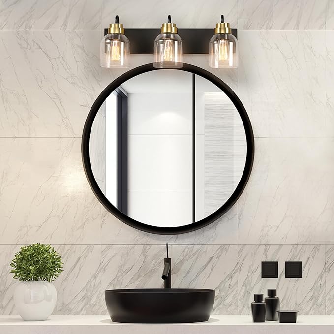 Globe Electric 63000200 22" 3-Light Vanity Light, Matte Black, Matte Brass Accents, Glass Shades, Beauty Room Accessories, Lights for Bathroom, Powder Room Lighting, Bathroom Lights Over Mirror