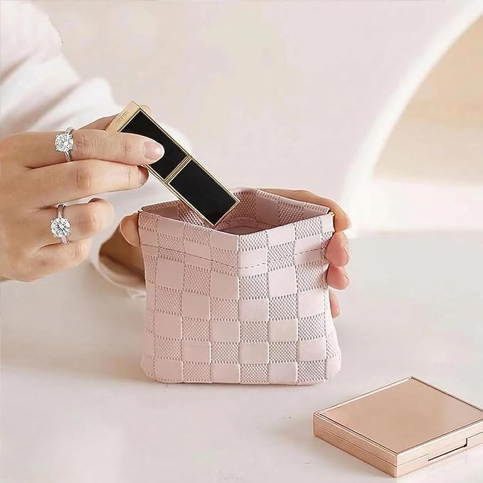 4Pcs Small Makeup Bag for Purse, Mini Checkered Leather Purse Pouches for Purse Small Makeup Pouch Small Coin Purse Organizer Pouches, Portable No Zipper Pocket Cosmetic Bag for Women (Pink, Purple)
