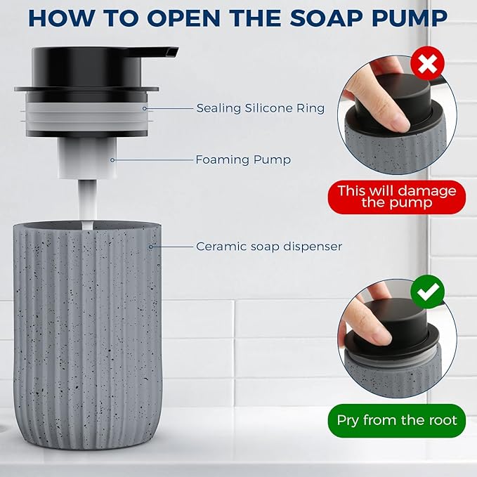 Ceramic Foaming Hand Soap Dispenser 2Pack，12 oz Bathroom Soap Dispensers， Lotion Dispenser for Kitchen, Refillable Matte Streaks Soap Dispenser with Large Pump (Gray-2Pack)