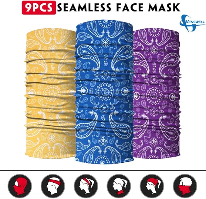 Venswell Neck Gaiter Face Mask Men Women,Seamless Bandana Rave Face Cover Scarf Mask,Balaclava,Headband, Head Wrap,Headwear