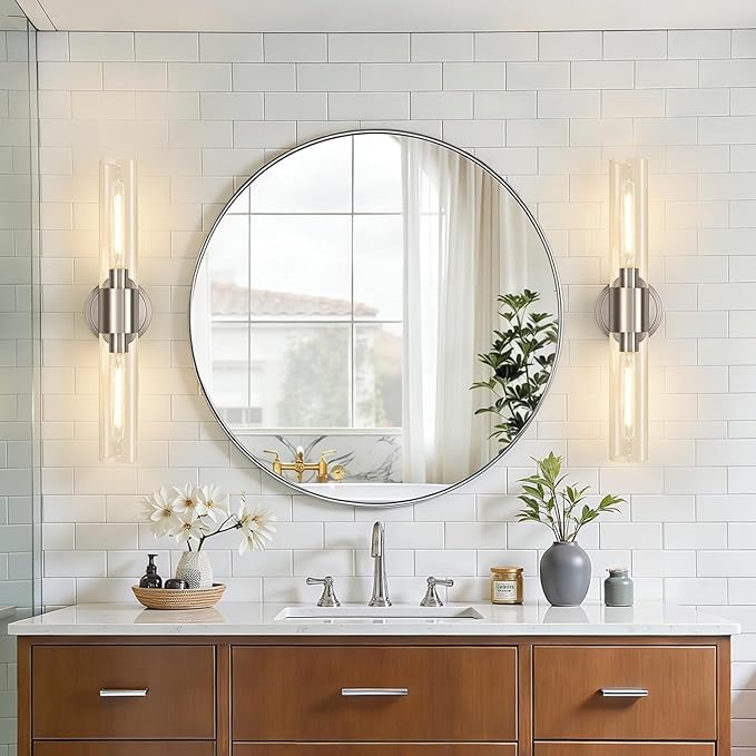 Wall Sconces Set of Two, Brushed Nickel Bathroom Sconces Wall Lighting with Clear Glass, Hardwired Modern Sconces Wall Decor Set of 2 for Bathroom Mirror Bedroom Living Room Hallway