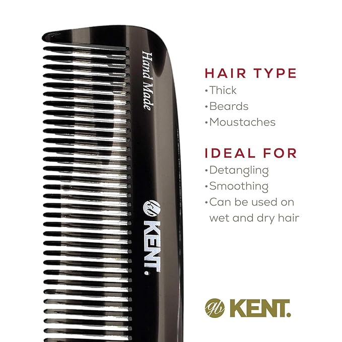 Kent 12T Wide Tooth Detangling Comb - Handmade Pocket Grooming Tool for Thick, Curly, Wavy Hair, Beards and Mustaches - SawCut and Hand Polished