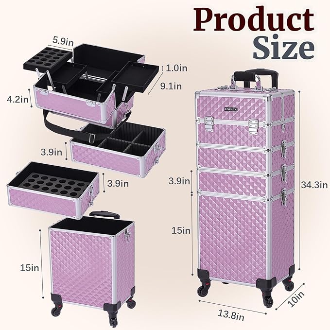 TOPACK Professional 4-In-1 Rolling Makeup Train Case, Large Makeup Travel Case with Key Shoulder Strap/Handle Cushion I Makeup Train Case Organizer I Cosmetology Case on Wheels I Pink