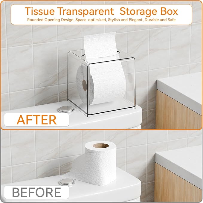 Clear Roll Tissue Box Holder with Cover Facial Tissue Dispenser Box Case for Countertop,Clear Plastic Dryer Sheet Container Napkin Organizer for Bathroom Kitchen Home,Square