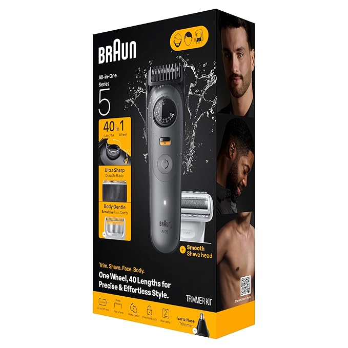 Braun Series 5 All-in-One Beard & Body Grooming Kit for Men, Cordless Trimmer, Hair Clippers & Shaver for Face, Hair & Body with Smooth Shave Head, AIO 5510