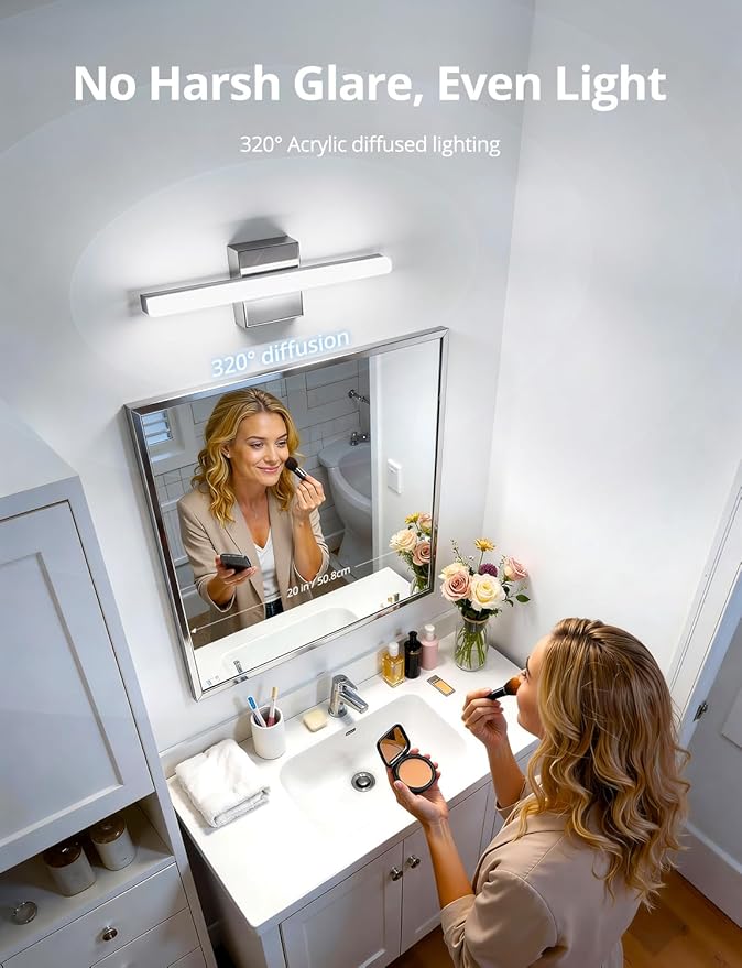 Combuh Modern Bathroom Light Fixtures Over Mirror 5 Colors Adjustable, Chrome 16 inch Led Vanity Lighting Bar Glare Free Bright IP44 Waterproof Sleek Look Small Space Wall Mount for Makeup Shaving