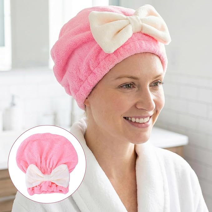 2 Pcs Hair Towel Wrap for Women, Microfiber Quick-Drying Hair Towel, Super Absorbent Soft Towel Wrap for Wet Hair Caps with Bow for Women Bathroom Bag- Pink, Blue