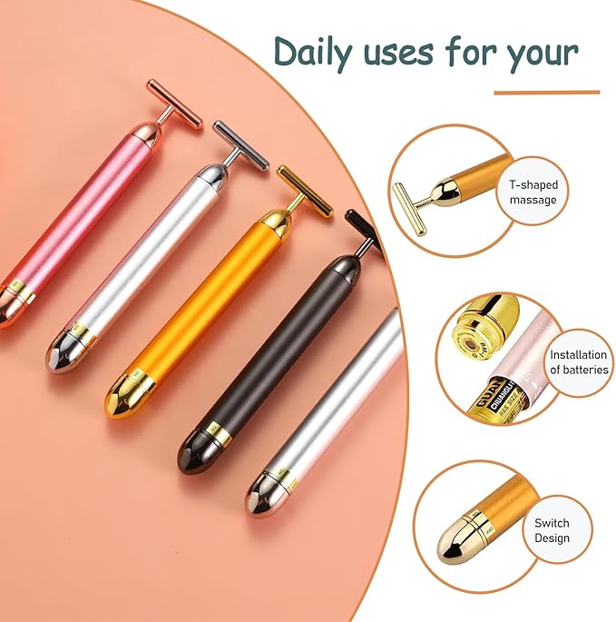 Beauty Bar 24K Gold Facial Massager - Face T Shape Tool for Skin Care Tightening with Ergonomic Design (Silver)