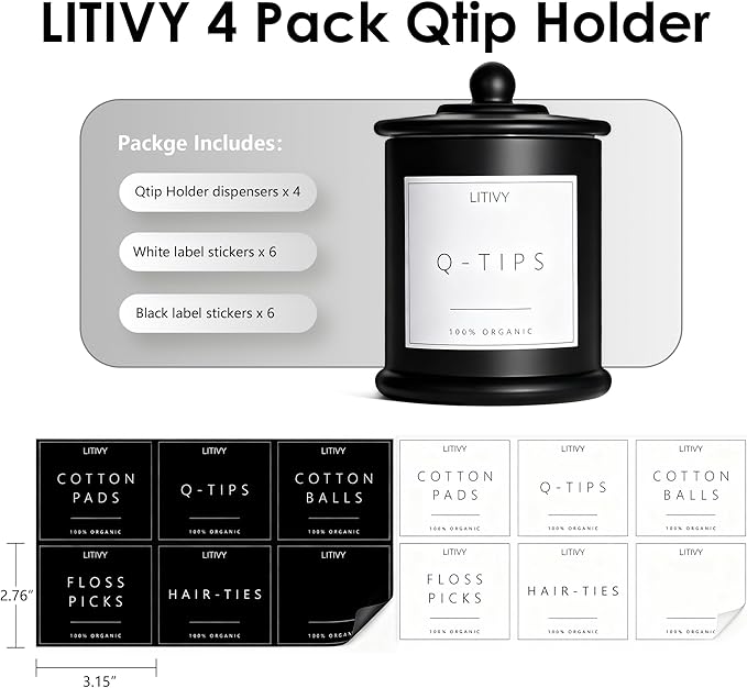 4 Pack Bathroom Organizers and Storage - 16 Oz Glass Qtip Holder & Cotton Pad Dispenser with Lid, Apothecary Jars for Home, Room Decor, Kitchen Organizer (Black)