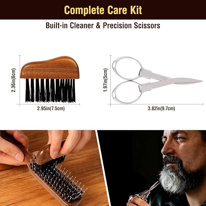 URTHEONE Premium Boar & Nylon Bristle Grooming Set - Sapele Wood Handle Hair & Beard Brush with Cleaning Brush & Folding Scissors