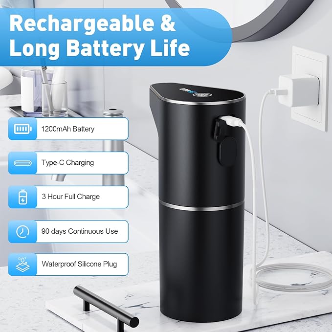 Automatic Soap Dispenser,Touchless Hand Wall Mount Rechargeable 3 Gear Adjustable Electric Soap Dispenser 350ml with Infrared Motion Sensor for Bathroom,Kitchen,Office, Black Gel