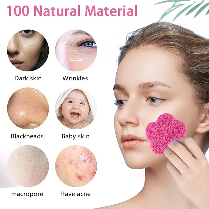 50-Count Facial Sponges Compressed Facial Sponges Natural Facial Cleansing Sponges Pads Cute Flower Shape Exfoliating Sponges for Cleansing Reusable,Best Makeup Gift, White+Pink