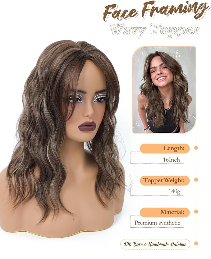 PANEWAY Hair Topper 16Inch Hair Toppers For Women Wavy Curly Brown Highlights Clip In Synthetic Wiglets for Women