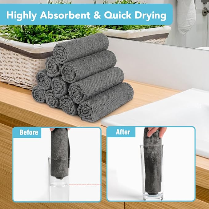 Orighty Washcloths, 20 Pack Microfiber Face Towels, Highly Absorbent and Soft Feel Wash Cloths & Hand Towels for Bathroom, Hotel, Spa, and Gym, 11.5x11.5 Inch, Grey