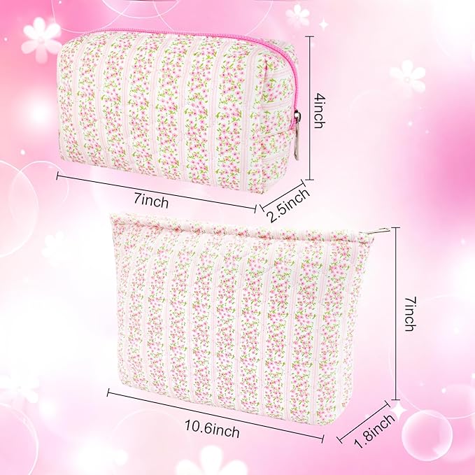 2Pcs Small Makeup Bag Quilted Cosmetic Bag Flower Pencil Case Travel Makeup Bag Set for Women Cute Cosmetic Pouch Aesthetic Cotton Toiletry Organizer Storage Bags Puffy Zipper Pouch Christmas Gifts C