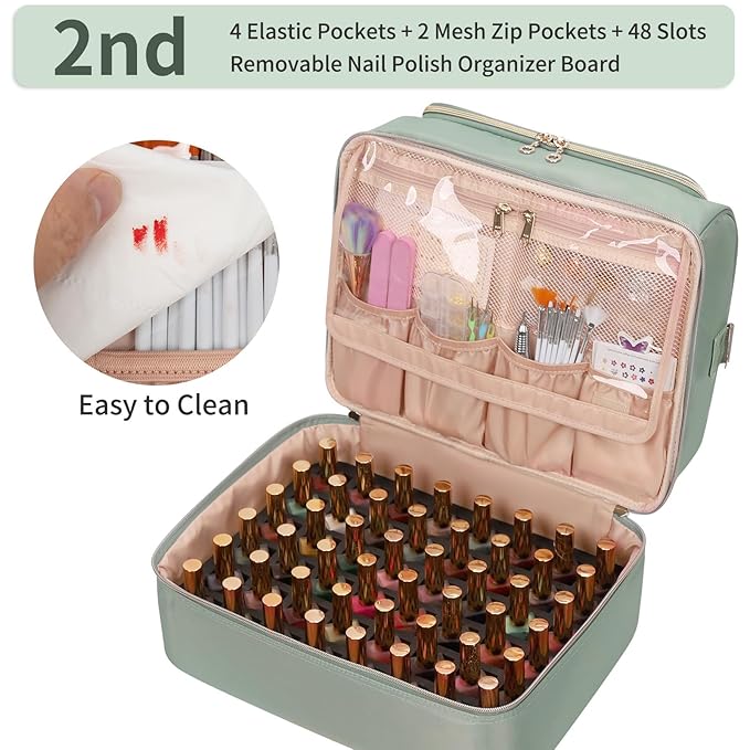 CUBETASTIC Nail Polish Organizer, Nail Tech Organizers and Storage Case Holds 69 Bottles Nail Polish & Nail Lamp, Travel Nail Supplies bag for Nail Tech Kit & Manicure Tools, Green