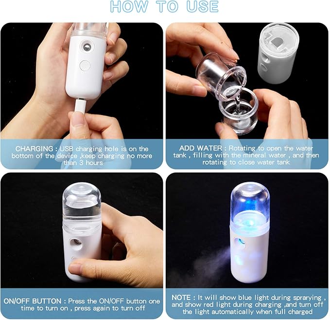 Honoson 2 Pack Nano Facial Mister Spray Bottle Handheld Humidifier Portable Face Mister for Eyelash Extensions USB Rechargeable 1 oz Mini Skin Care Machine for Daily Makeup(White)