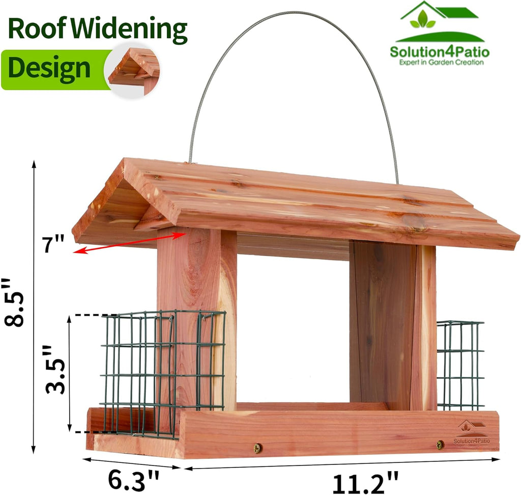 Solution4Patio US Cedar Hopper Bird Feeder for Outdoors Hanging, Handcrafted Wood Double Suet Cage & Clear View Windows, Squirrel-Proof Wild Bird Feeder for Cardinals, Finches, Chickadees