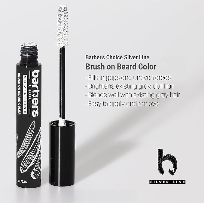 Barbers Choice Silver Line, Facial Hair Brush on Temporary Color for Silver Fox Men- Instantly Brighten White Beards, Mustache & Sideburns, Less Yellow, Easy Application, Off-White