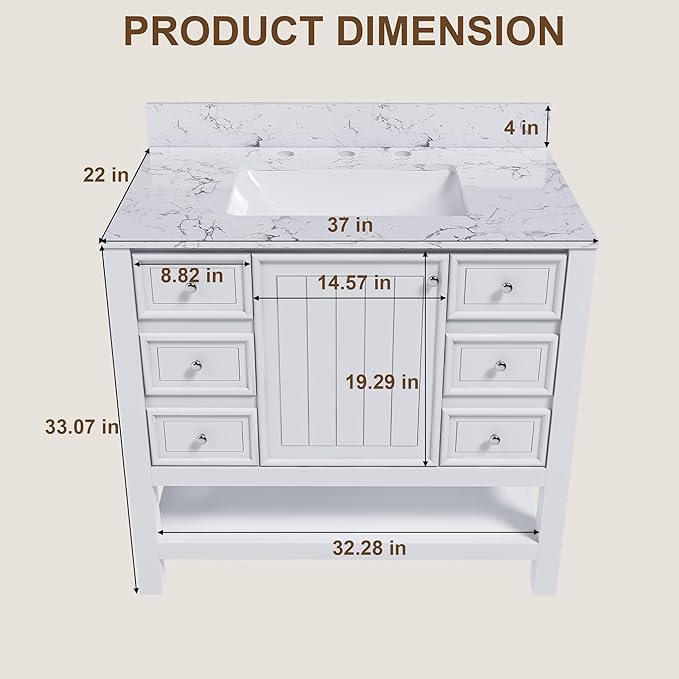 Montary 36" Bathroom Vanity with 37" Artificial Marble Carrara White Top, Modern Stylish MDF Bathroom Storage Cabinet, Freestanding Vanity Set with One Cabinet & 3 Drawers, White (Three Holes)