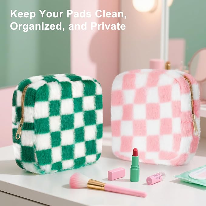 Sanitary Napkin Storage Bag, Zipper Period Bag, Checkered Portable Menstrual Pad Bag Panty Liners, Tampon Storage Pouch for Women Ladies Daily Use Storage Purse Travel