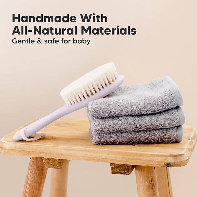 Wooden Baby Hair Brush - Cradle Cap Baby Brush with Soft Goat Bristles, Perfect Gentle Scalp Newborn Comb for Infant, Girls, Boys, Bath Essentials (Thistle, Regular)