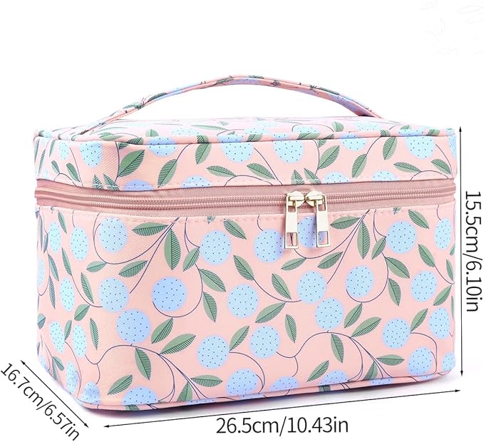 MAANGE Travel Makeup Bag, Cosmetic Bag, Portable Large Capacity Makeup Case, Make Up Organizer For Women, Oxford Cloth Toiletry Bag With Handle (Pink Plants)