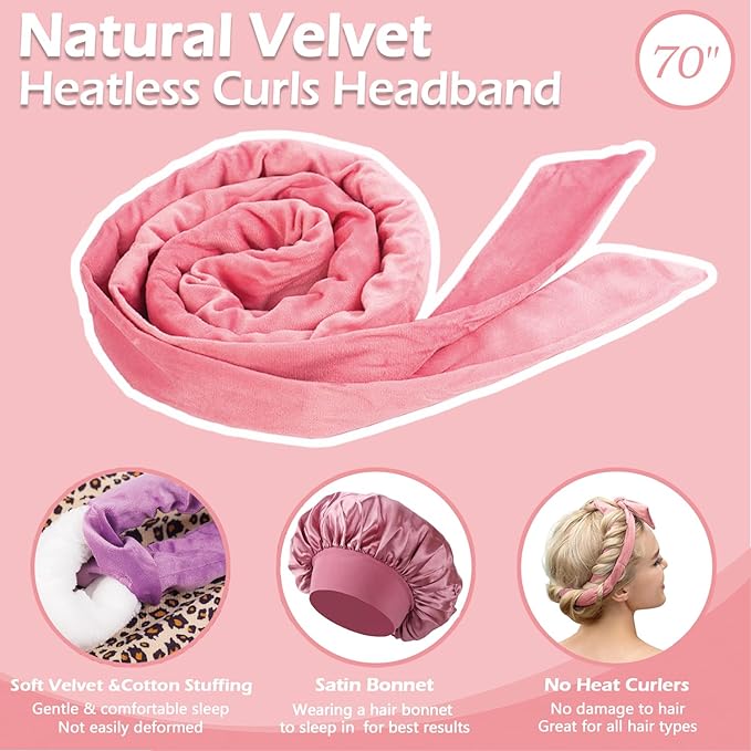 Heatless Curls Overnight Headband, 70'' No Heat Hair Curlers with Hair Bonnet for Sleeping, Light Pink