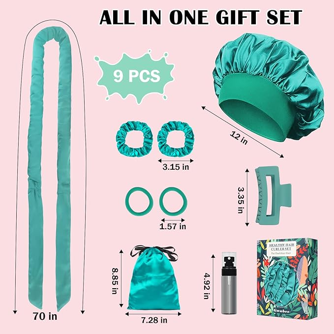 Satin Heatless Curls Overnight Hair Curlers to Sleep In Hair Curler Rollers No Heat Hair Wrap for Curls Headband, 70" Satin Heatless Curling Rod Set for Women Long Waves Hair Volume -Green 9PCS