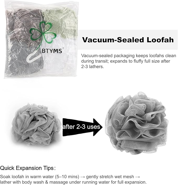 BTYMS 4 Pieces Shower Loofahs Large Bath Sponge 75g Mesh Pouf Wash Puff Shower Poof Body Loofas for Bathing