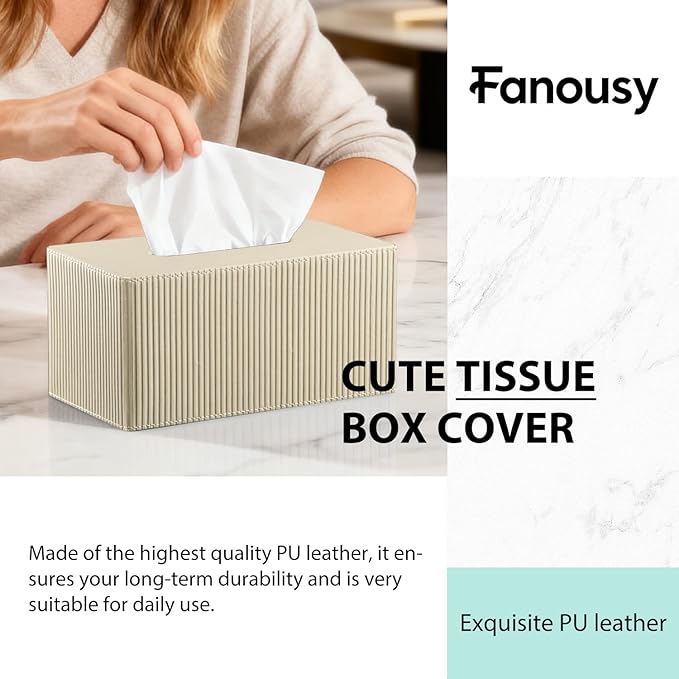 Fanousy Large Tissue Box Cover Rectangular with Bottom Belt, Fits 230-Count Kleenex, Modern PU Leather Facial Tissue Dispenser Holder for Bathroom Vanity, Nightstand, Bedroom, Office, Home Decor