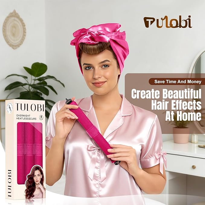 TULOBI 3 Pcs Heatless Curls Overnight - Upgraded Velvet Heatless Hair Curler with Velcro Fastener, Overnight Jumbo Blowout Rods, Hair Curlers to Sleep in for All Hair Types (Rose Red)
